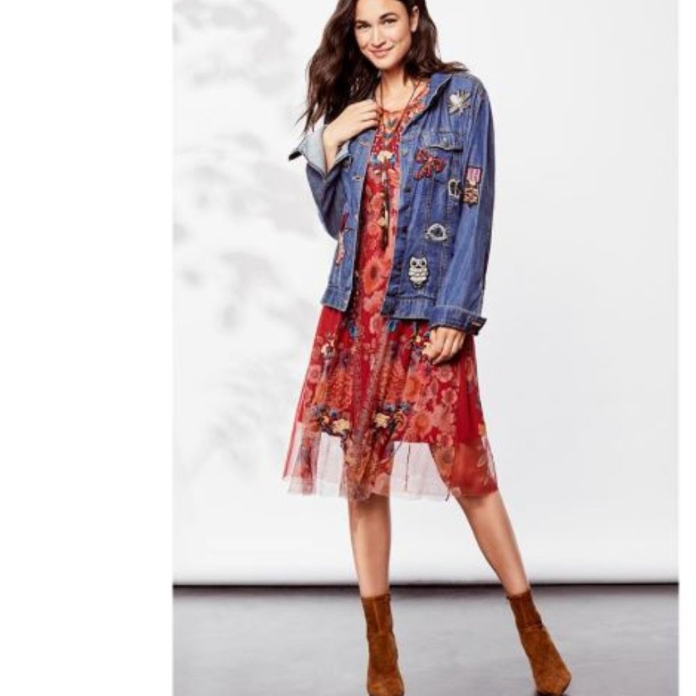 Johnny Was Krioh Mesh Dress Red Embroidered Midi S - Picture 4 of 4